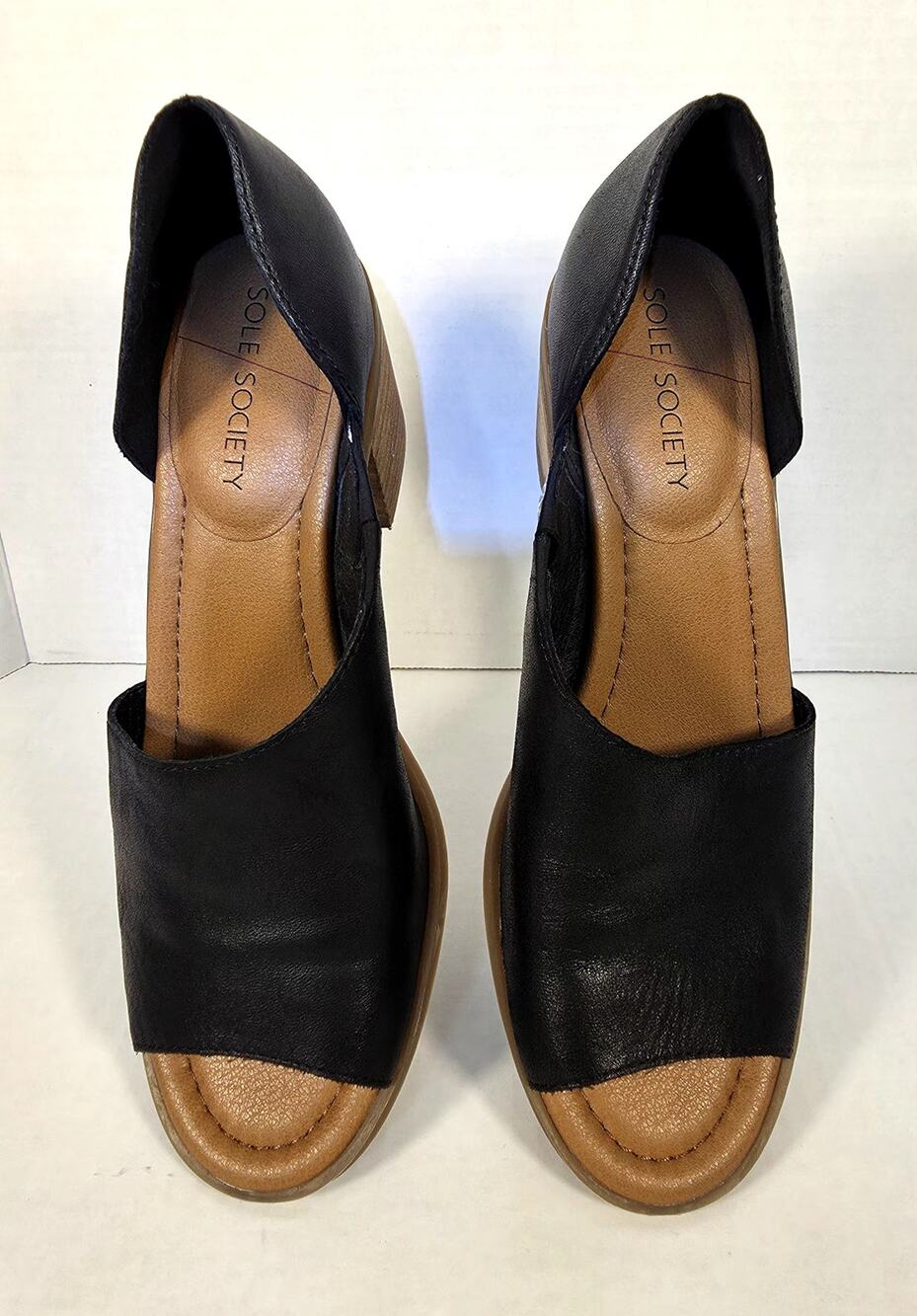 Sole Society Ralimia Black Leather Cutout Block Heel Sandals Open Toe Size 7.5